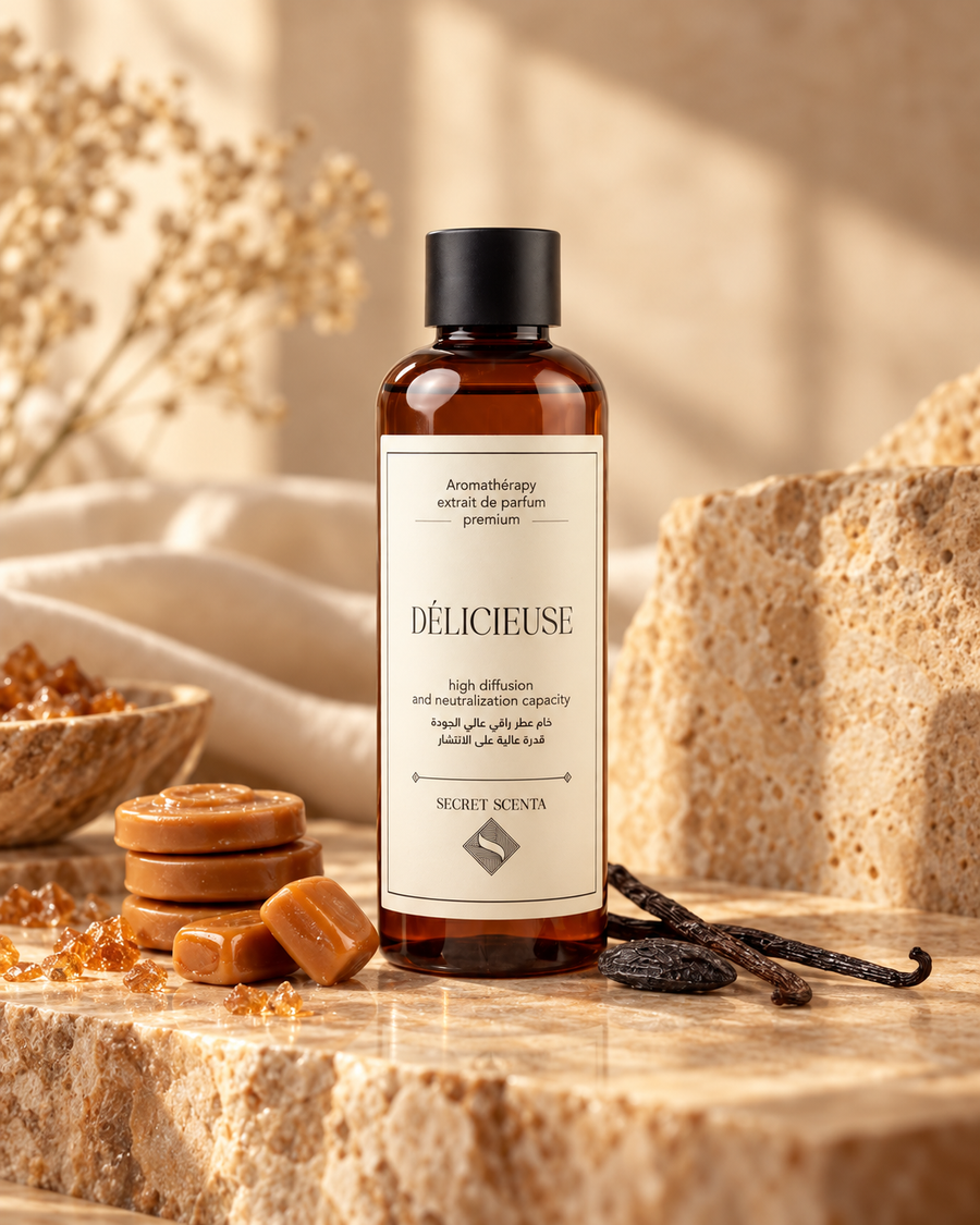 Flacon Délicieuse dans un décor gourmand de caramel et de vanille.