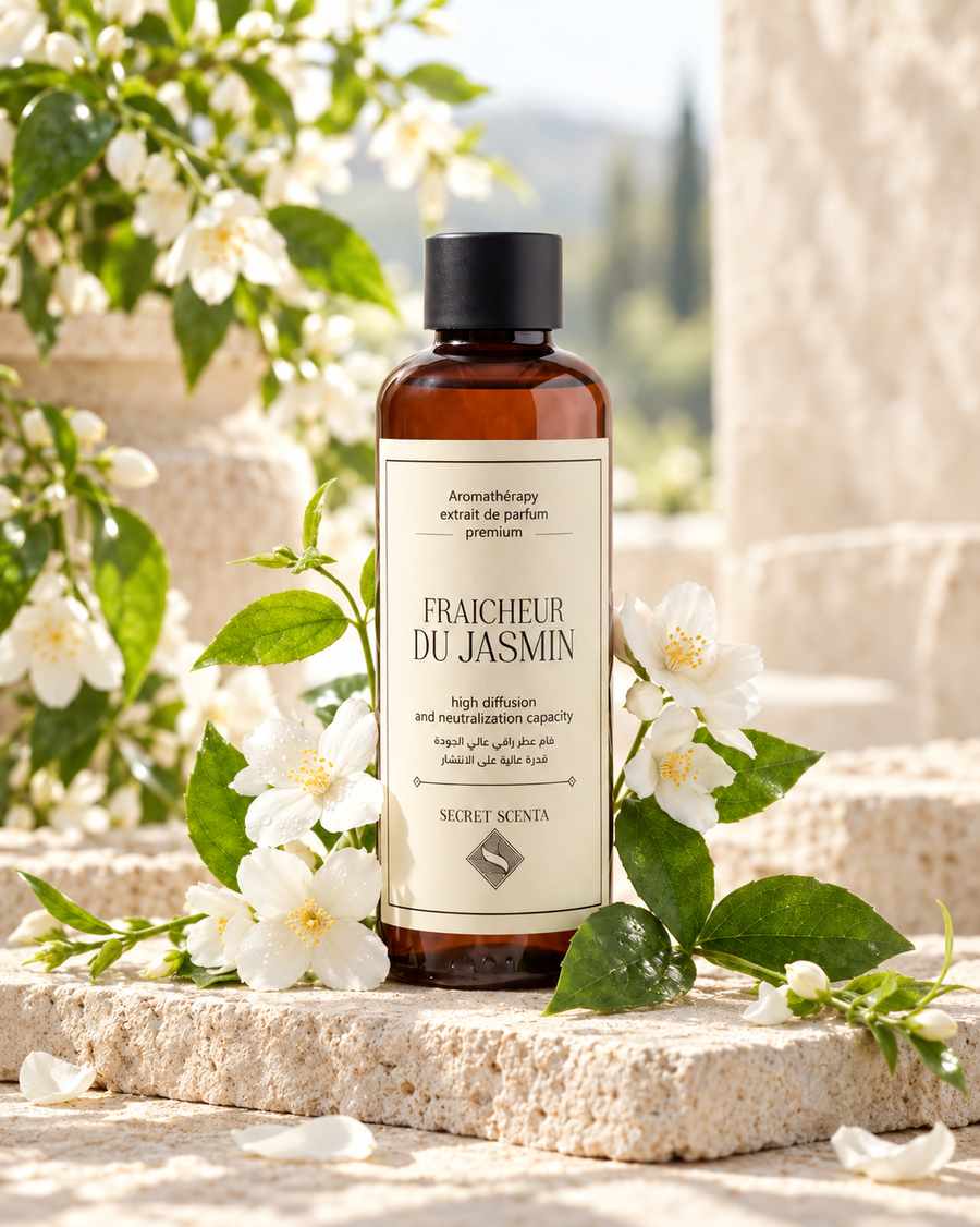 Flacon Fraîcheur du Jasmin dans un décor de fleurs de jasmin et de pierre claire.