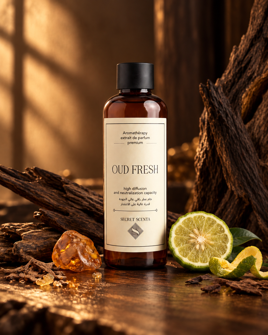 Flacon Oud Fresh mis en scène avec du bois de oud et des agrumes.