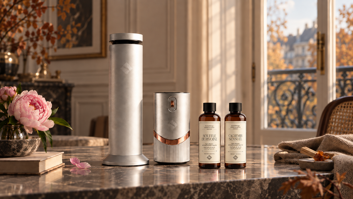 Secret Scenta diffuseurs et parfums dans un intérieur parisien
